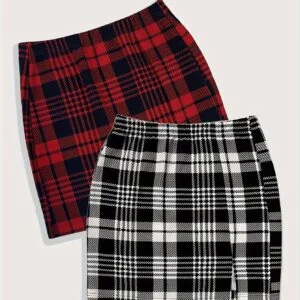 Plaid Print Split Hem Skirt 2pcs, Y2K Mini Bodycon A-Line Skirt for Spring & Summer, Women's Clothing