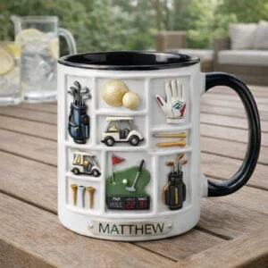 Personalized Golf Coffee Mug, Custom Name Golfer Mug, Golf Gear Illustration Cup, Golf Lover Gift for Dad Husband