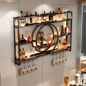 39inch Wall Mounted 3 Tier Bottle Rack with LED Lights and Glass Holder | Floating Display for Kitchen Living Room Bar Area, Modern Wine Shelf, High Quality Durable Metal Construction for Home Bartenders and Wine Enthusiasts
