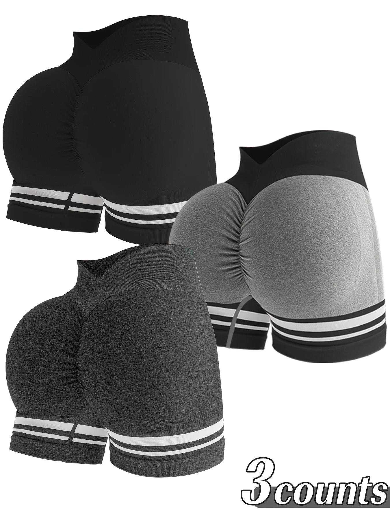 Set of 3 Women'S High-Waisted Seamless Color Block Striped Workout Shorts - Designed to Lift The Butt, Control The Tummy, And Made from Stretchy Nylon for Running And Gym Use, in Black, White, And Gray - Image 9