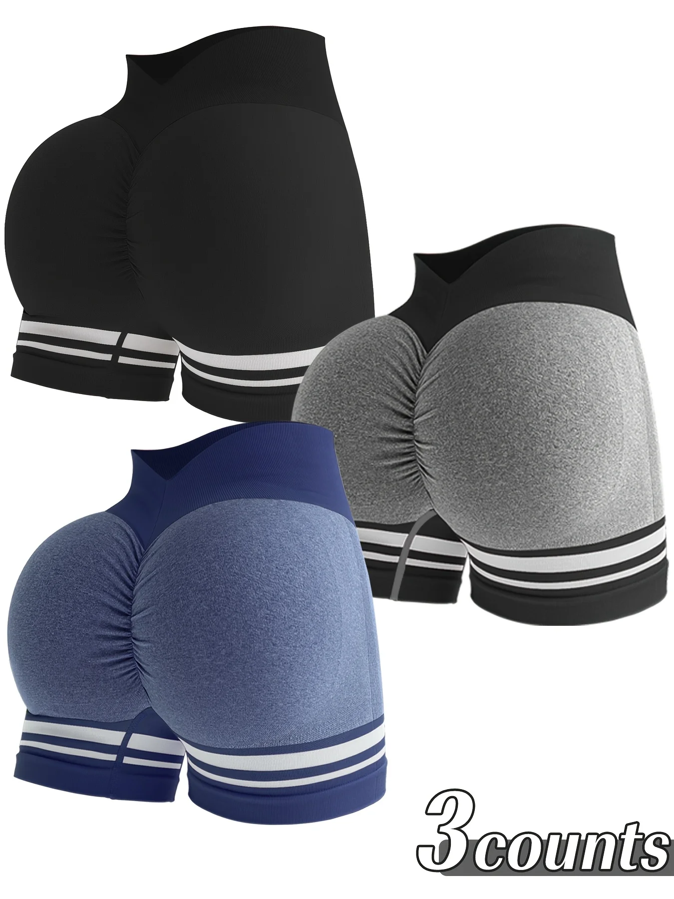 Set of 3 Women'S High-Waisted Seamless Color Block Striped Workout Shorts - Designed to Lift The Butt, Control The Tummy, And Made from Stretchy Nylon for Running And Gym Use, in Black, White, And Gray - Image 10