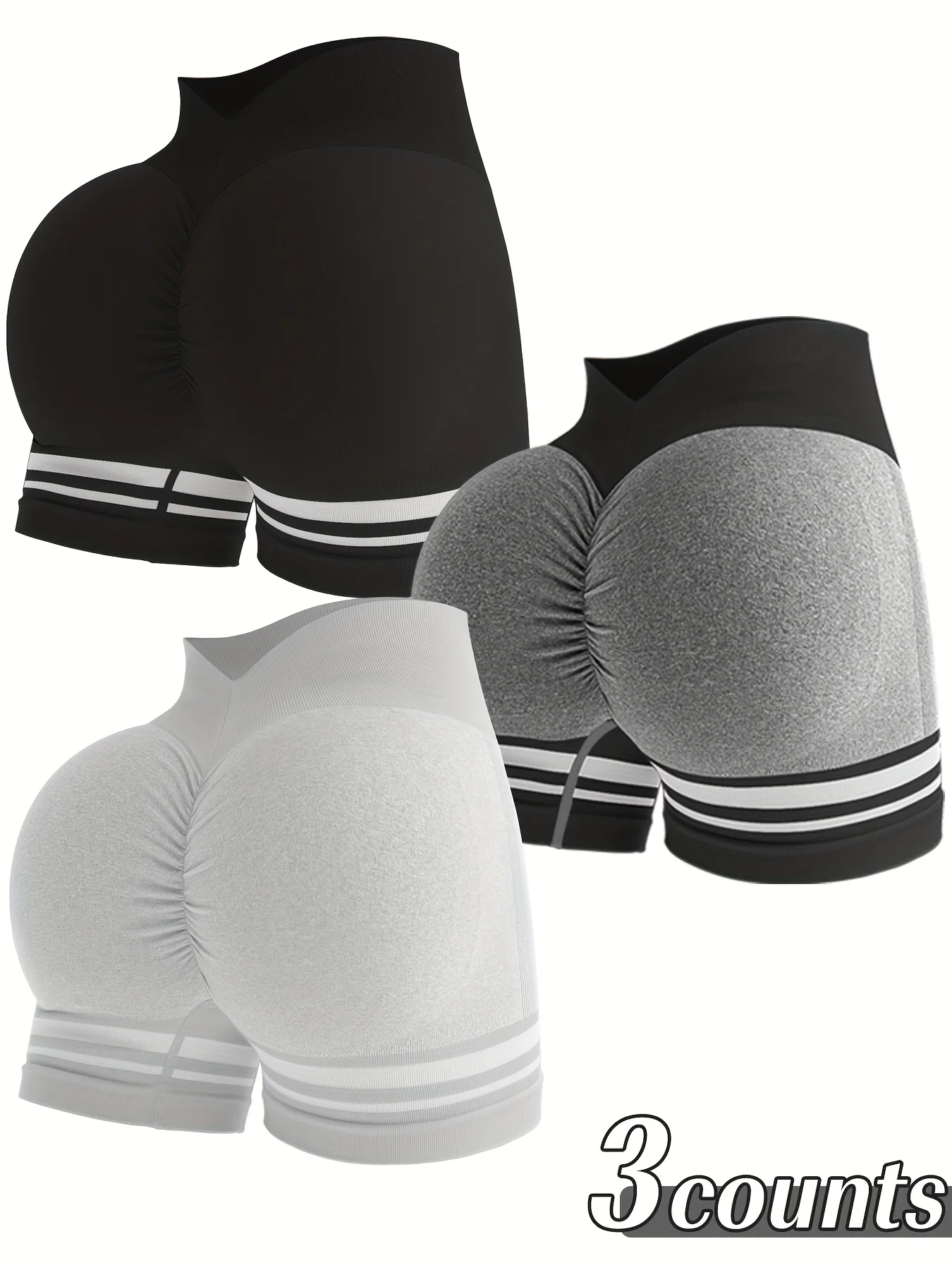 Set of 3 Women'S High-Waisted Seamless Color Block Striped Workout Shorts - Designed to Lift The Butt, Control The Tummy, And Made from Stretchy Nylon for Running And Gym Use, in Black, White, And Gray - Image 12