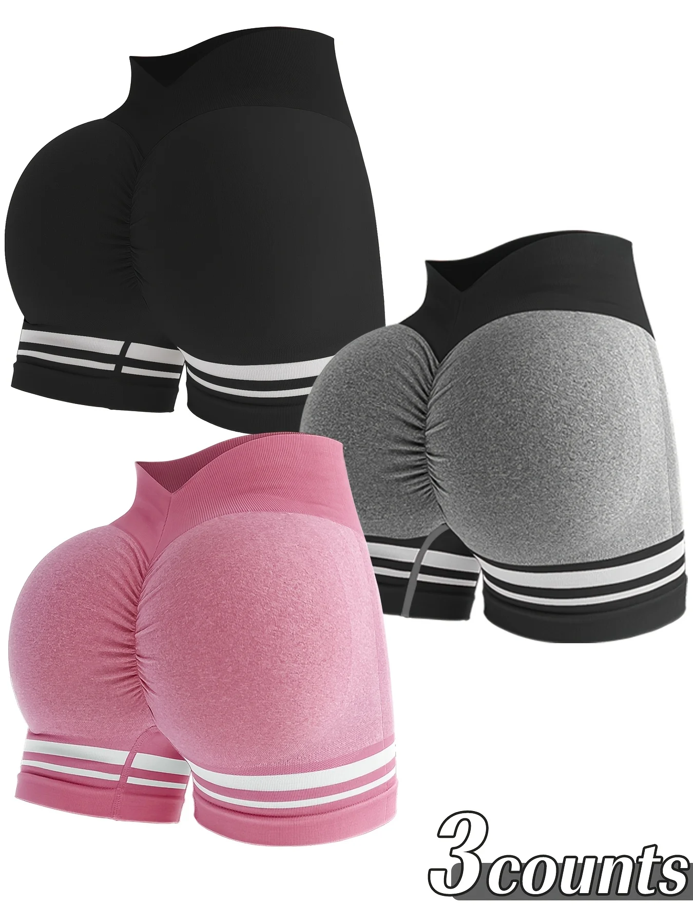 Set of 3 Women'S High-Waisted Seamless Color Block Striped Workout Shorts - Designed to Lift The Butt, Control The Tummy, And Made from Stretchy Nylon for Running And Gym Use, in Black, White, And Gray - Image 15