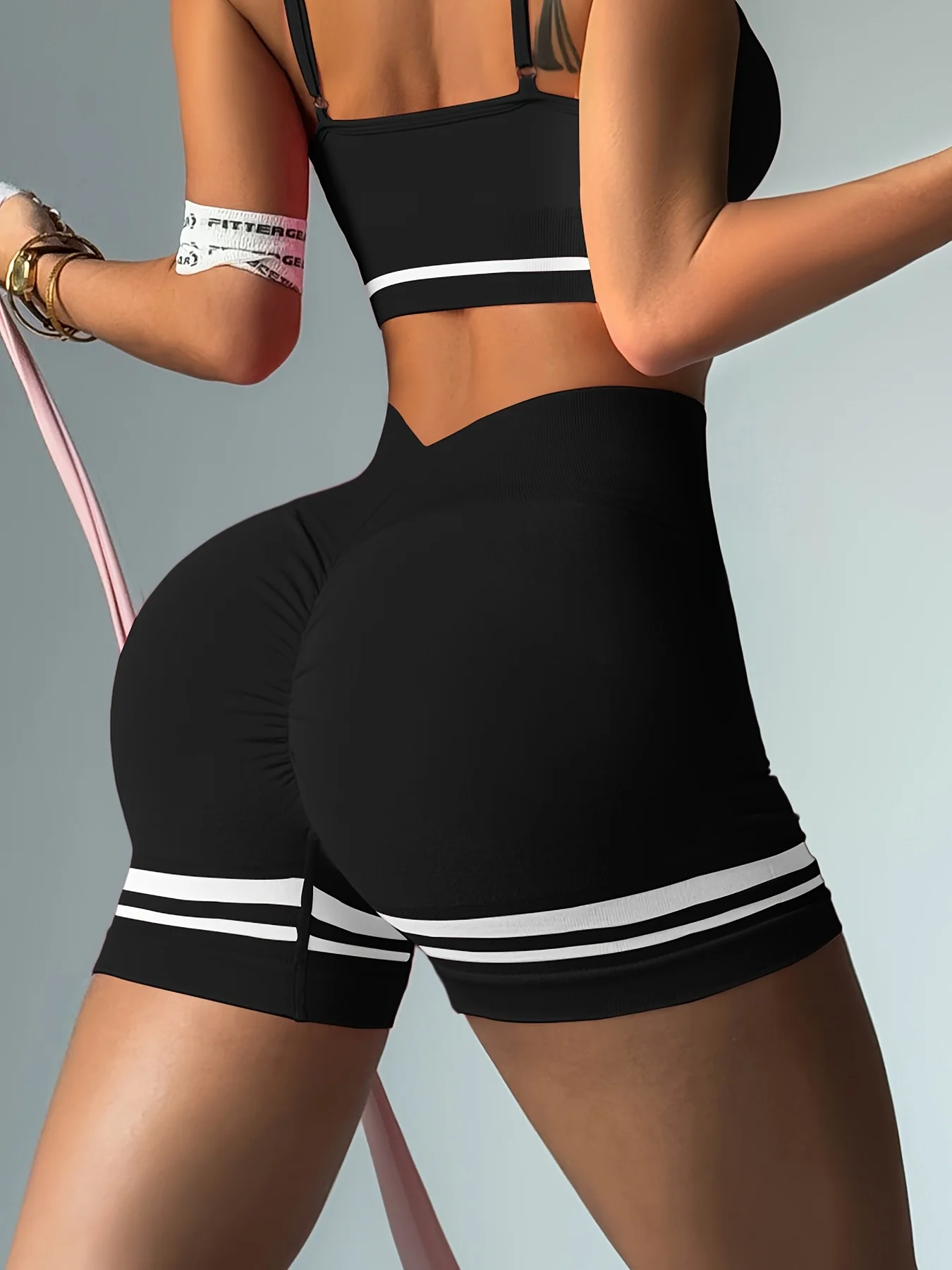 Set of 3 Women'S High-Waisted Seamless Color Block Striped Workout Shorts - Designed to Lift The Butt, Control The Tummy, And Made from Stretchy Nylon for Running And Gym Use, in Black, White, And Gray - Image 23