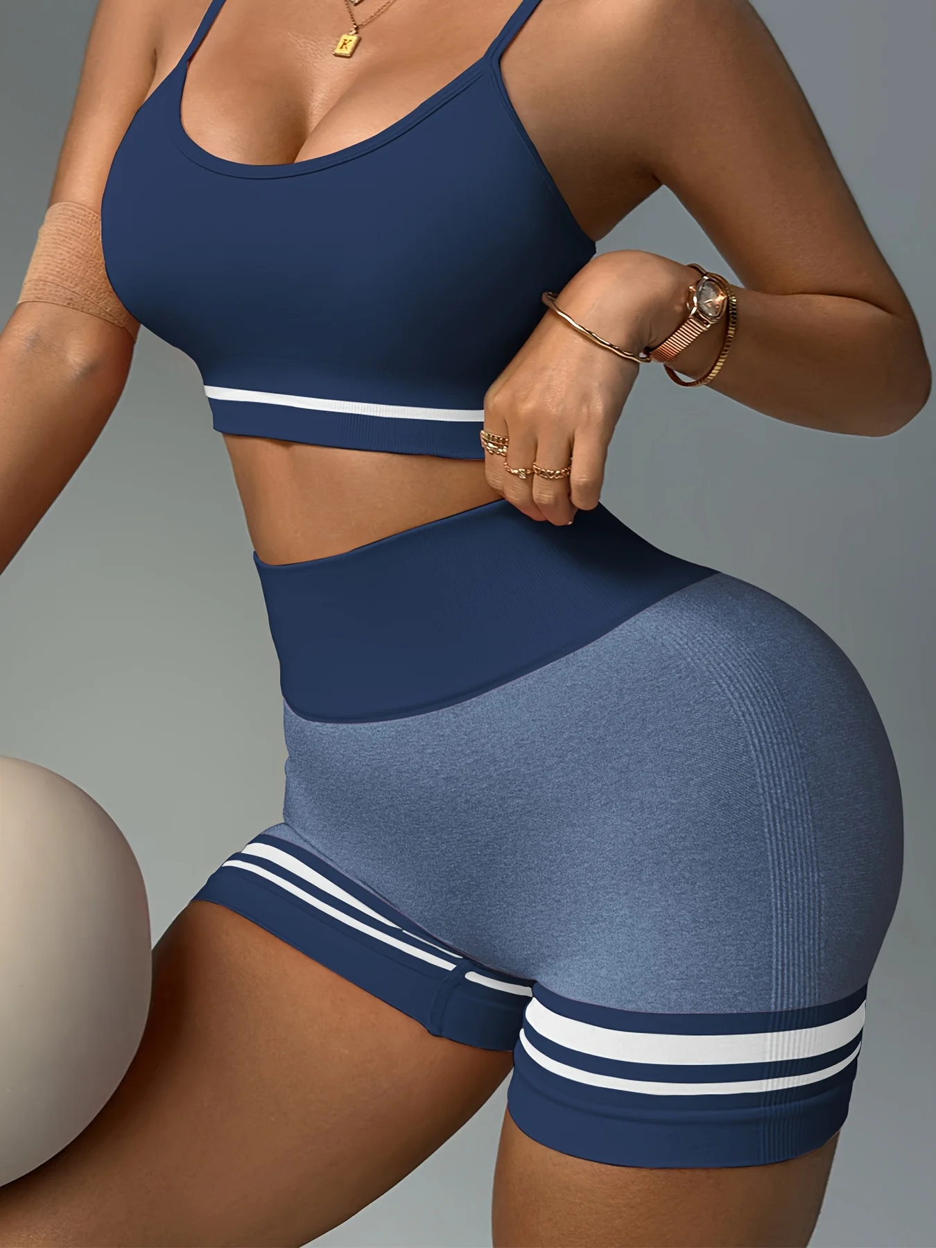 Set of 3 Women'S High-Waisted Seamless Color Block Striped Workout Shorts - Designed to Lift The Butt, Control The Tummy, And Made from Stretchy Nylon for Running And Gym Use, in Black, White, And Gray - Image 33