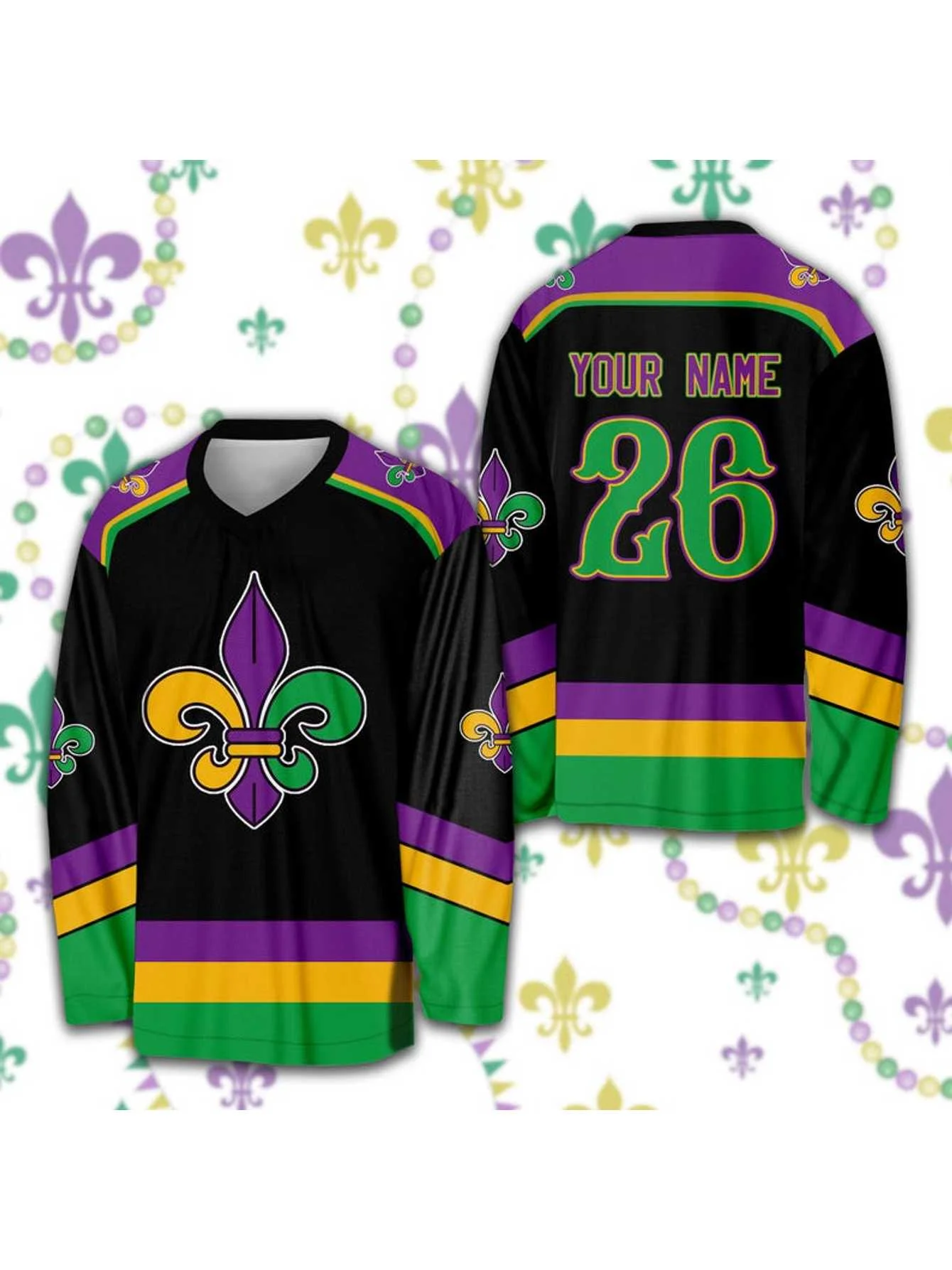 Premium Hockey Jersey Personalized Mardi Gras Ice Hockey Jersey, Custom Fleur De Lis Hockey Shirt, Hockey Team Jersey, Mardi Gras Carnival Sports Uniform For Fans - Image 3