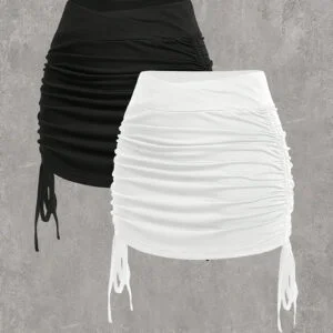 2pcs Women's Sexy Drawstring Mini Skirt, Spicy Style Sexy Strap Drawstring Pleated Pants Skirt, Half Body A-line Skirt