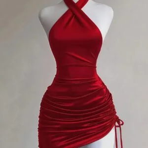Red Halter-neck Cross-strap Pleated Tie-up Hip-hugging Dress, Sexy Vintage Party Mini Dress with a Hot Style, Suitable for Vacations, Afternoon Tea Parties, Music Festivals, Dates, Commuting, and Daily Wear