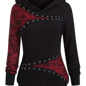 Women's Autumn/Winter Vintage Skull Lace Color-Block Hooded Long Sleeve Slim Fit Fashion Hoodie with Metal Eyelet Decoration