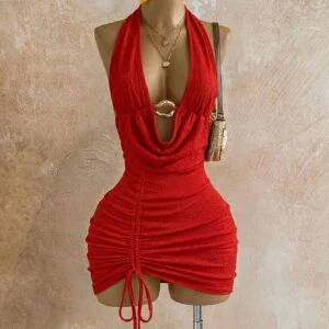 Women'S Summer Sexy Backless Halter Neck Strappy Dress | Metal Buckle Detail, Flounce Collar, Gathered Drawstring, Bodycon Fit, Beach Holiday Short Skirt
