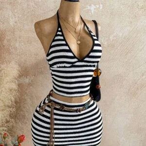 2pcs Women's Black and White Striped Color-block Elegant Vacation Off-shoulder Backless Tie-neck Top and Mini Skirt Set, Casual Fashion Outfit Suitable for Beach Dates, Parties, Home, Festivals, and Beachwear