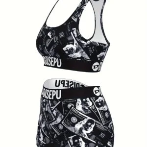 Women's Fashionable Dollar Element Pattern Print High Elastic Breathable Comfort Sports Underwear Set for Fitness, Swimming, Yoga, Running Essentials
