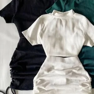 6pcs Set of Elegant Women'S Short-Sleeved T-Shirt Short Drawstring Skirt Two-Piece Set Temperament Elegant High-Necked Slim Fit Bodysuit Short Navel-Baring Top + Elastic Waistband Adjustable Length Pleated Short Skirt Casual Elegant Solid Color Shor
