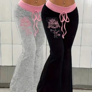 [Floral Flared Leg Pants] Women's Flared Leg Pants - Non-See-Through Floral Print Casual Trousers | All-Season Versatile Bottoms for Everyday & Formal Outfits | Available in Black, Pink, Grey | Easy-Care, Comfortable Fit, Stylish, Soft Material
