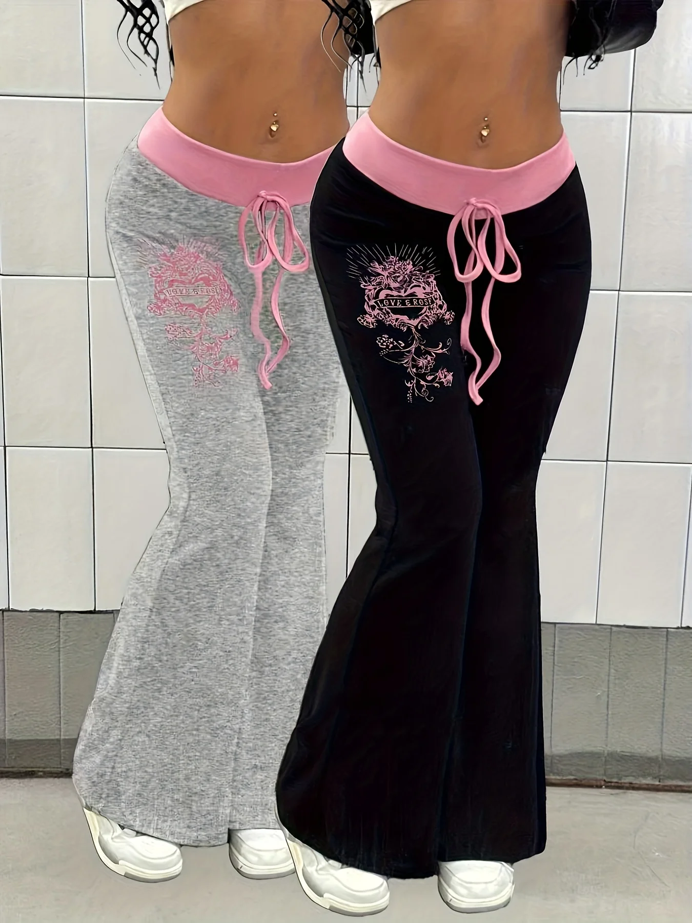 [Floral Flared Leg Pants] Women's Flared Leg Pants - Non-See-Through Floral Print Casual Trousers | All-Season Versatile Bottoms for Everyday & Formal Outfits | Available in Black, Pink, Grey | Easy-Care, Comfortable Fit, Stylish, Soft Material