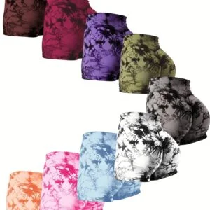 9 Pcs Women's Tie Dye Scrunch Butt Lifting High Waisted Yoga Gym Shorts - Seamless, Comfortable, Stylish Activewear for Fitness
