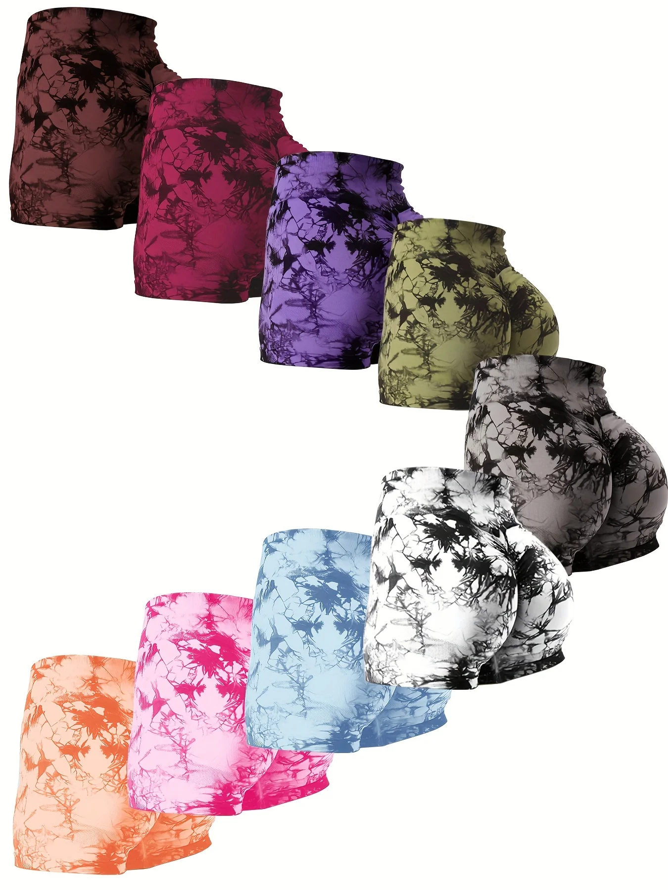 9 Pcs Women's Tie Dye Scrunch Butt Lifting High Waisted Yoga Gym Shorts - Seamless, Comfortable, Stylish Activewear for Fitness