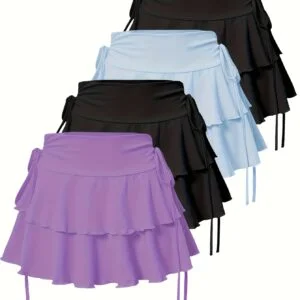 4pcs Women's Solid Color Short Skirt 4-Season Outfits - Elastic Short Skirt Suitable for Spring Summer Fall, Casual Short Skirt with Faux Drawstring Waist, Machine Washable Short Skirt for Beach Outfits, Dresses & Skirts