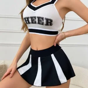 1set Women'S Polyester Cheerleading Costume Set - Cute Alphabet Pattern, Knit Fabric, Crew Neck, All-Season - Includes Sexy Crop Top & Skirt with Pom Poms