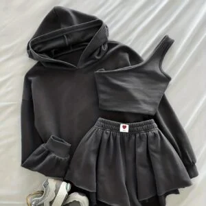 Women's 3pcs Solid Color Hooded Cropped Sweatshirt, Off-Shoulder Slim Vest, and Designer Cropped Romper Set PB-1094