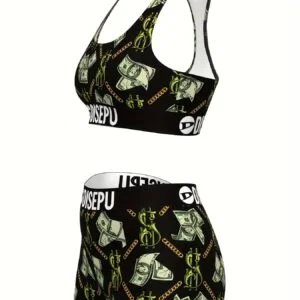 Women's Trendy Banknote Chain Print High Elastic Breathable Comfortable Shockproof Sports Lingerie 2-pieces Set