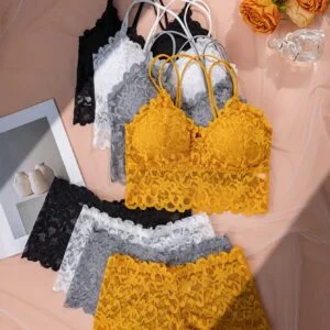 4pcs Set: Sexy, Comfortable, and Fashionable Lace Women's Lingerie Set with Push-Up, Wire-Free Backless Bra, Briefs, and Camisole Top for Layering