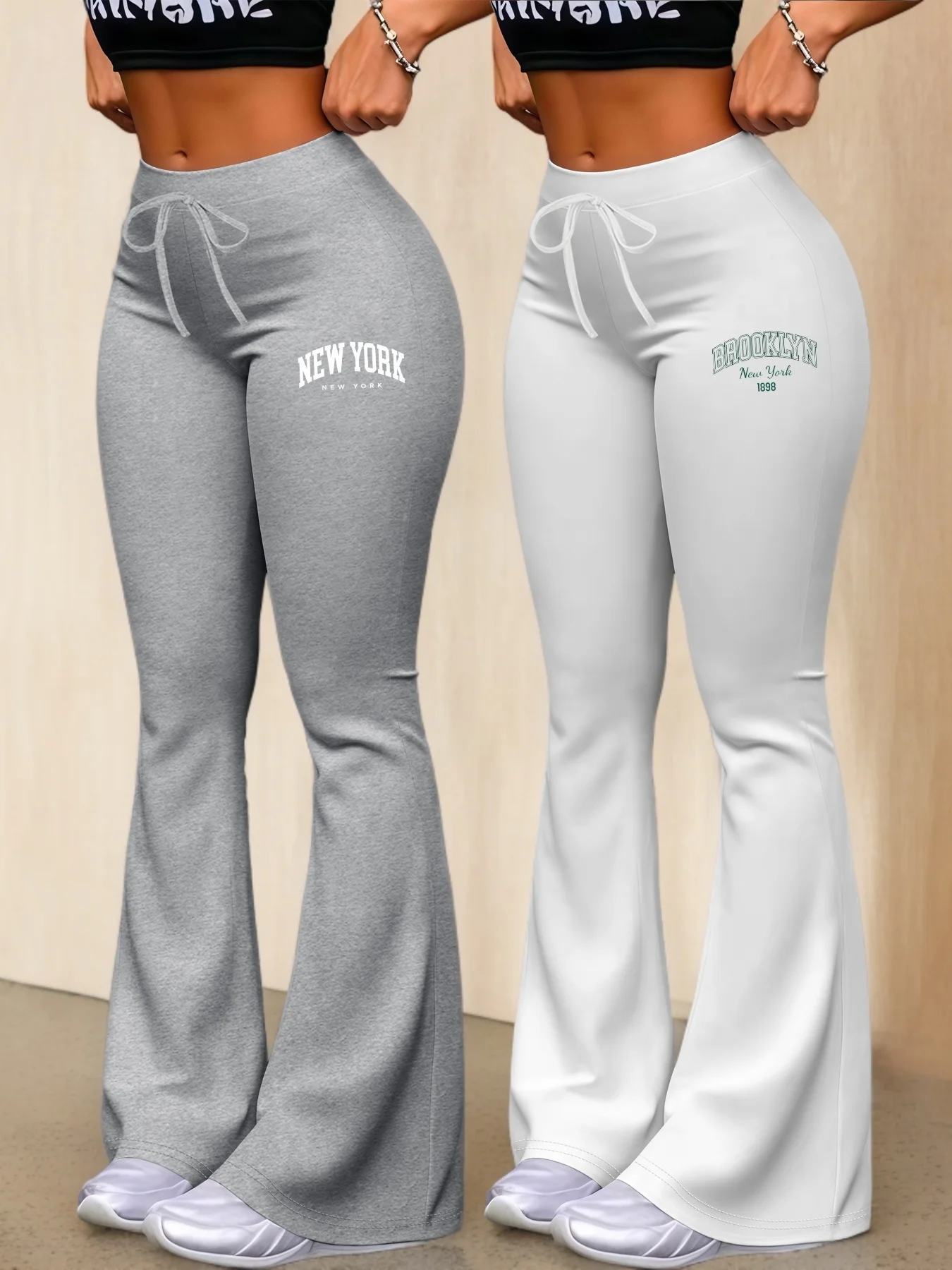 New York & Brooklyn Print Women's Autumn Fashion Two-Pack: Casual Daily Wear with Elastic Waistband Drawstring, Slim-Fit Stretch Straight-Leg Pants