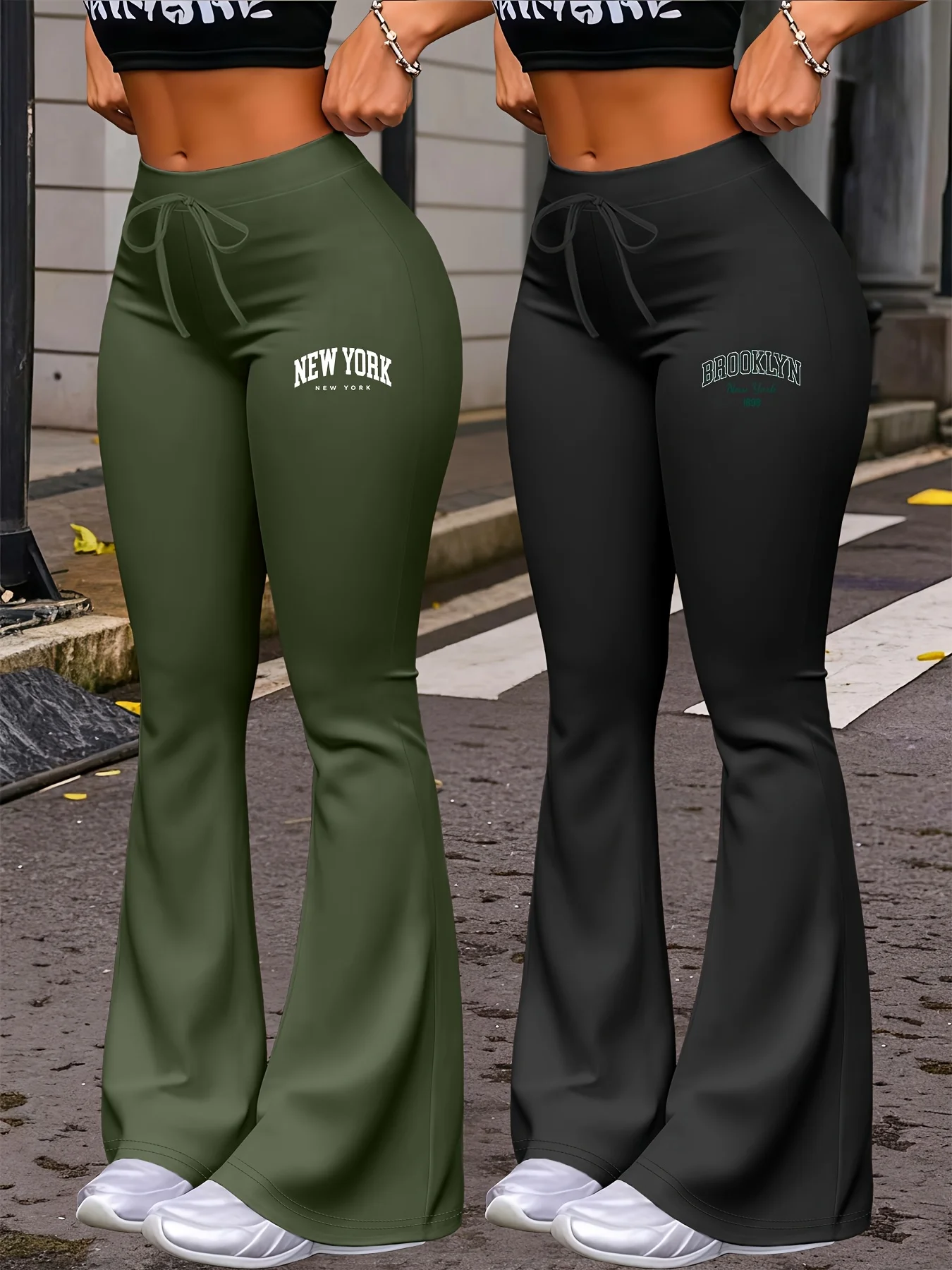 New York & Brooklyn Print Women's Autumn Fashion Two-Pack: Casual Daily Wear with Elastic Waistband Drawstring, Slim-Fit Stretch Straight-Leg Pants - Image 2
