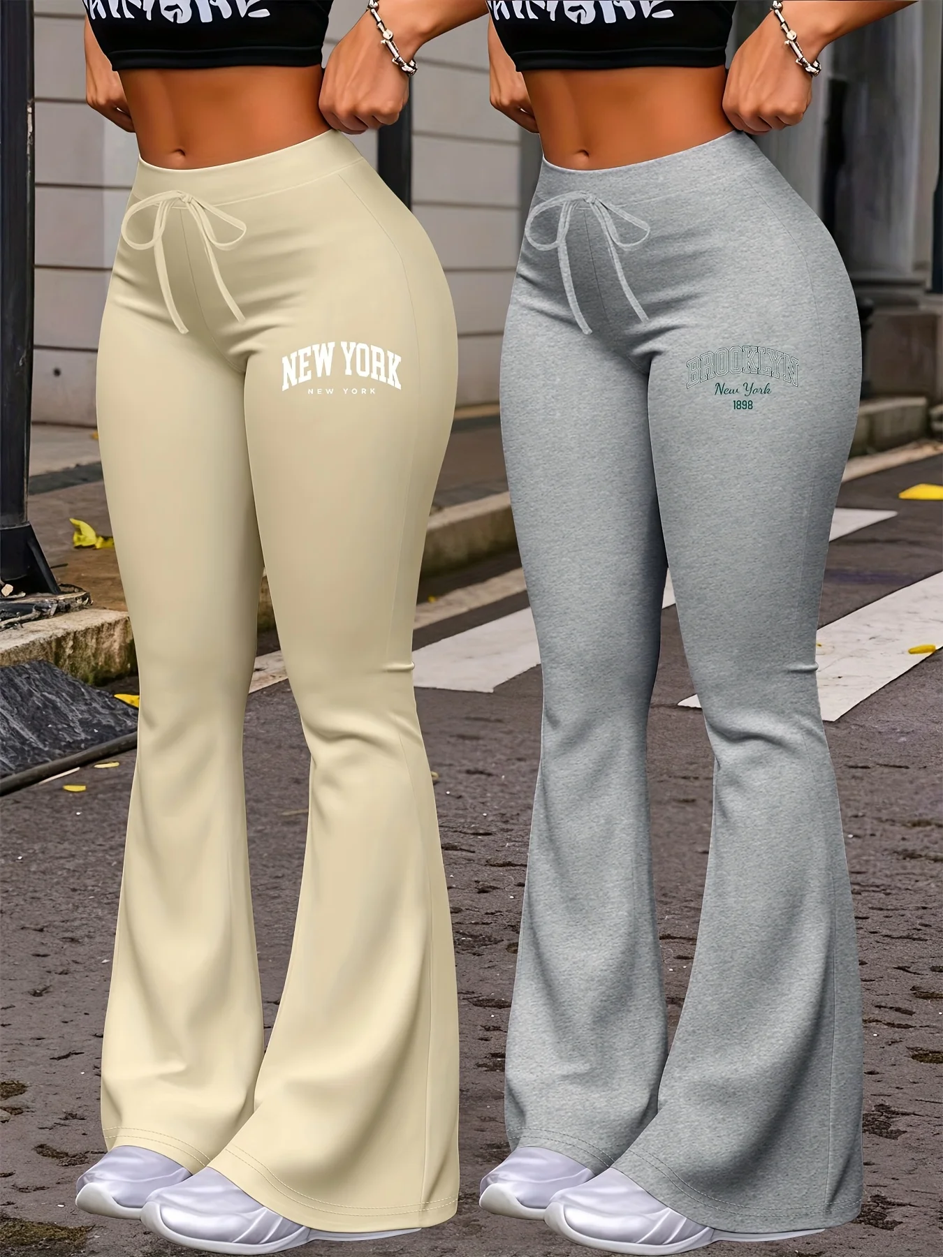New York & Brooklyn Print Women's Autumn Fashion Two-Pack: Casual Daily Wear with Elastic Waistband Drawstring, Slim-Fit Stretch Straight-Leg Pants - Image 5