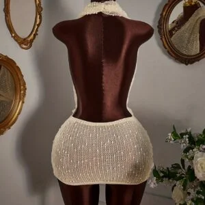 Women's Sexy Backless mini Dress with Hang Neckline - Semi-Sheer Short Summer Dress, Backless Party Dress for Beach, Spring/Summer Outfits - Solid Color Bodycon Mini