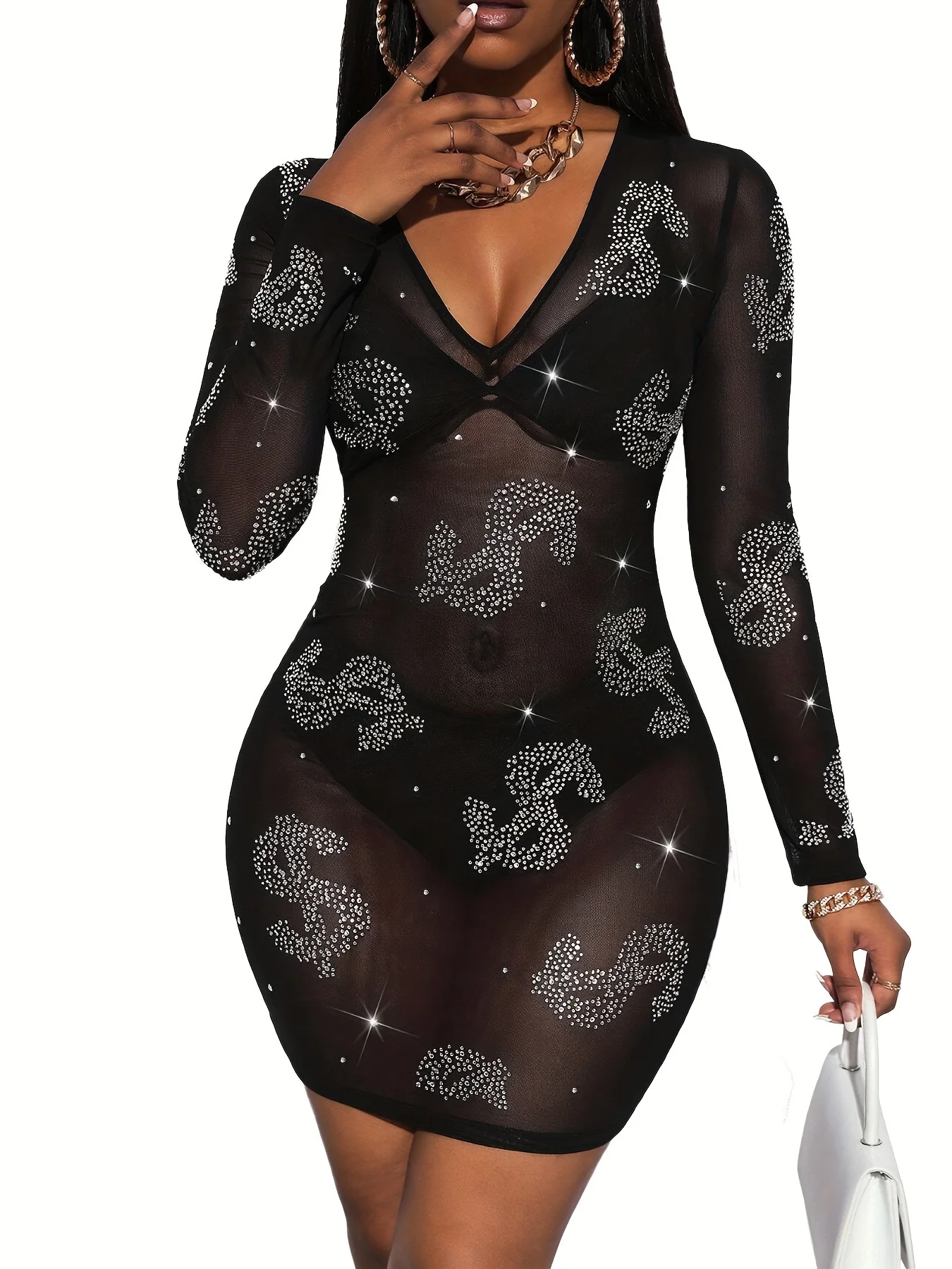 Sparkling Rhinestone Dollar Sign Dress - Sheer Mesh Slim Fit Party Dress with D… - Image 2
