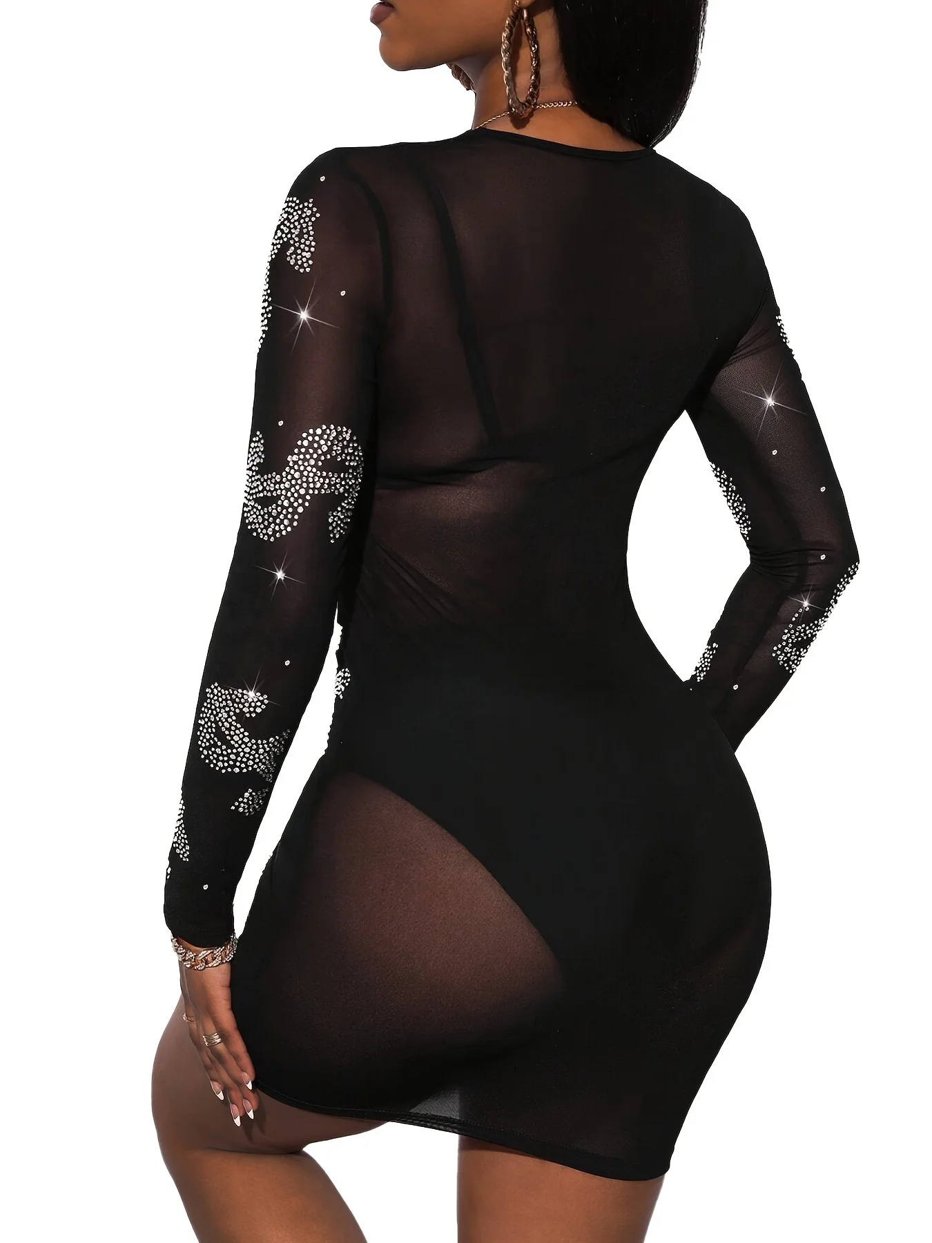 Sparkling Rhinestone Dollar Sign Dress - Sheer Mesh Slim Fit Party Dress with D… - Image 6