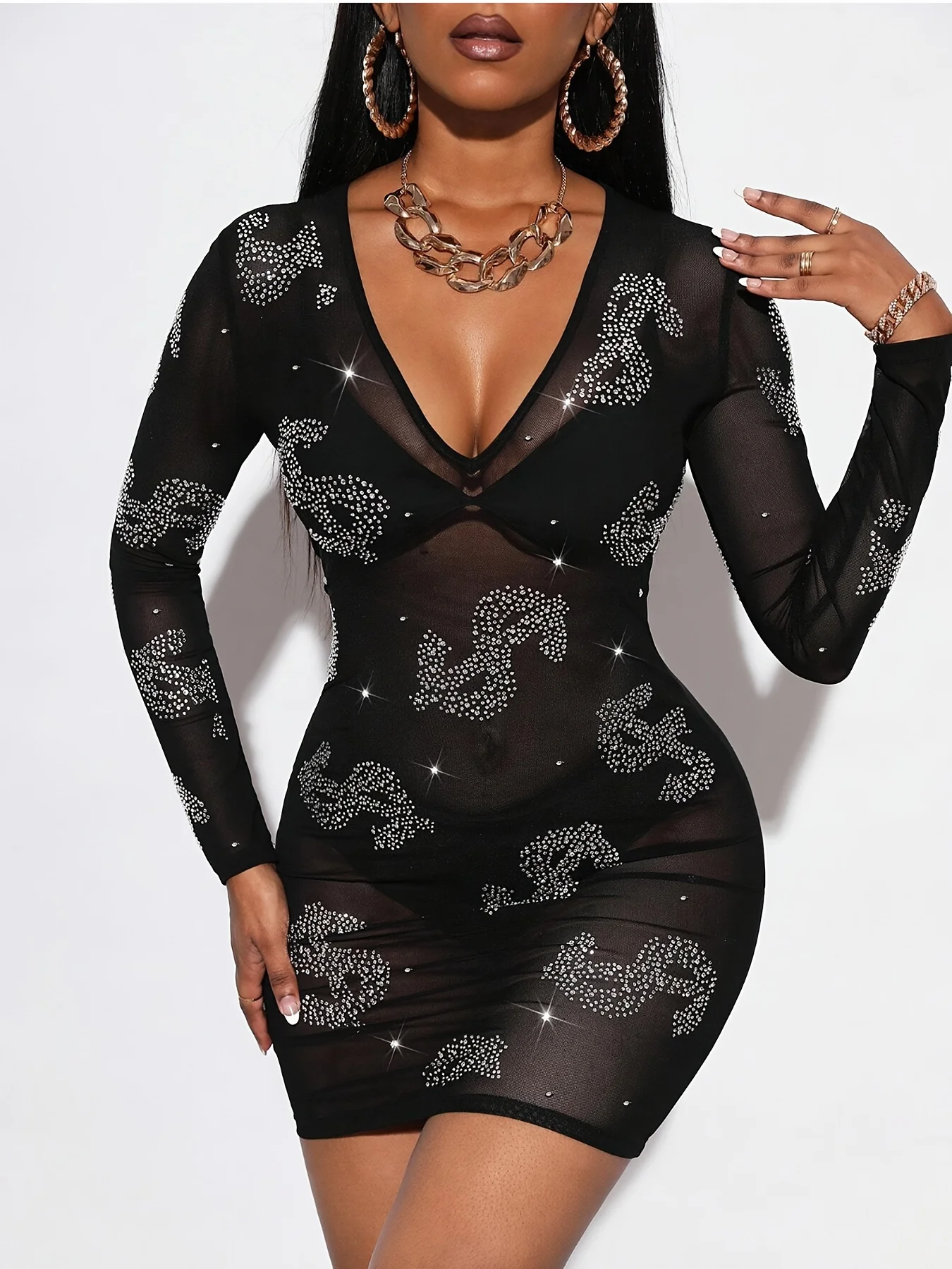 Sparkling Rhinestone Dollar Sign Dress - Sheer Mesh Slim Fit Party Dress with D… - Image 13