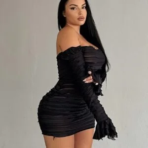 [Spring Bodycon Off Shoulder Dress] Ruched Off Shoulder Dress, Long Sleeve Bodycon Dress For Spring & Summer, Women's Clothing