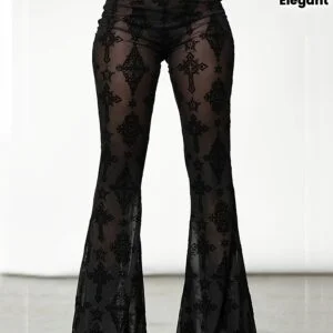 Plus Size - Elegant Flare Leg Pants | Sexy Sheer Mesh, Medium Stretch, Long Length, Suitable for Nightclub Parties, Fashionable and Trendy