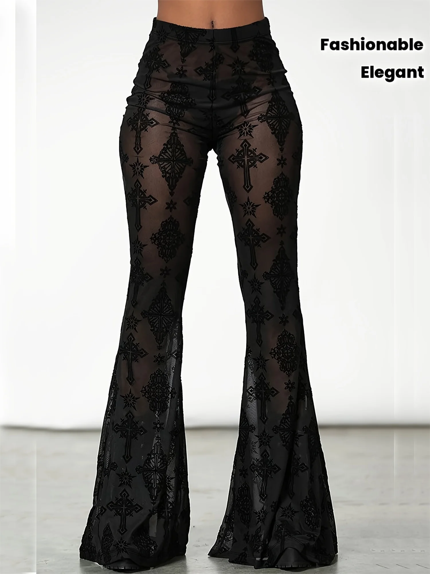 Plus Size - Elegant Flare Leg Pants | Sexy Sheer Mesh, Medium Stretch, Long Length, Suitable for Nightclub Parties, Fashionable and Trendy