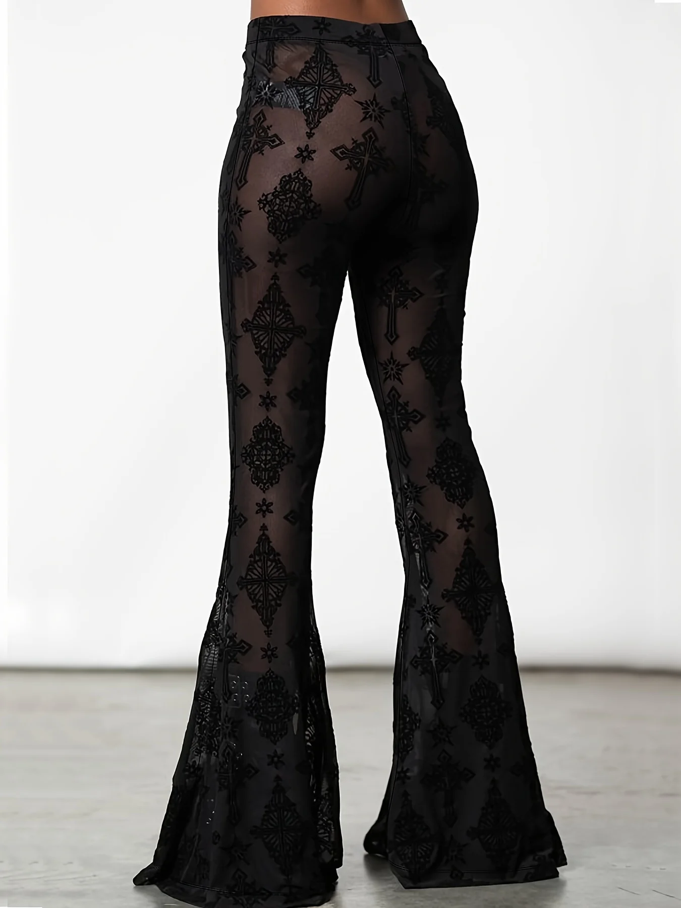 Plus Size - Elegant Flare Leg Pants | Sexy Sheer Mesh, Medium Stretch, Long Length, Suitable for Nightclub Parties, Fashionable and Trendy - Image 6