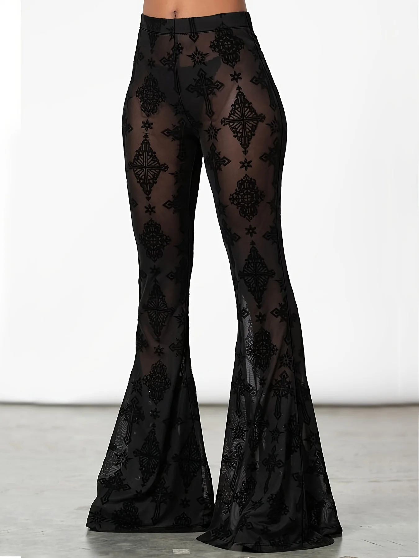 Plus Size - Elegant Flare Leg Pants | Sexy Sheer Mesh, Medium Stretch, Long Length, Suitable for Nightclub Parties, Fashionable and Trendy - Image 9