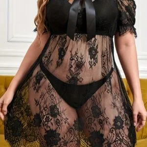 Women' Plus Size Lace Nightdress - Off-Shoulder Bow Strap Semi-Sheer Sexy Lingerie, Soft Textured Sleepwear Suitable for Home Bedroom, Spring Summer Fall Wear - Elegant Special Line (Curvy-Friendly)