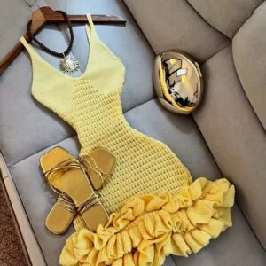 1pc Yellow Hollow V-neck Sweater Dress | Elegant Short Ruffle Hem Bodycon Dress for Vacation, Party, and Dates - and Whitening Effect