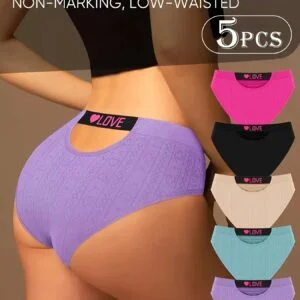 [Seamless Underwear] Ladies' Seamless Low Waisted Underwear | 5pcs | Comfortable Black Hip Hugging | Fashionable Color Blocking, Love Hollow Design
