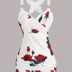 2024 Spring/Summer New European And American Women'S Clothing with Rose Print, Pleated Camisole, And Butterfly Lace Cross-Back Tank Top