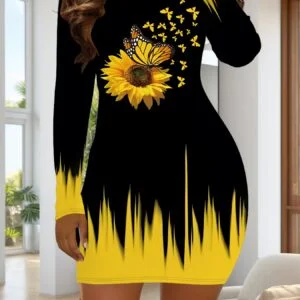 Women'S 3D Printed Sunflower & Abstract Art Full-Body Print Dress - Vibrant Yellow & Round Neck Long Sleeve Figure-Hugging Casual to Party Wear, All-Season Comfortable Stretchy Fabric, Versatile Everyday & Special Occasion Outfit