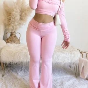 [Top & Pants Set] Solid Color Casual Strapless Long Sleeved Top and Pants Set for Women's Clothing