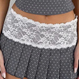 Scacto Women'S Elegant Soft Fabric Classic Fit Pleated Skirt | Y2K Retro Polka Dot Lace Patchwork Low Waist Design, Chic & Girly Cute Style for Spring Summer Weekend Errands, Casual Friday, Delivering a Lifting Feel. Suitable For Women'S Wear