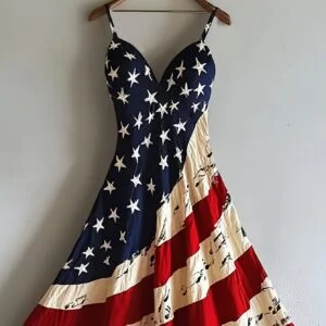Women's Red National Flag Maxi Dress - A-Line Sleeveless V-Neck Beach Dress with Built-In Cups, Loose Fit - Wedding Vacation Outfit, Elegant Suitable for for Body Types