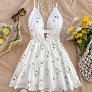 [Floral Embroidered Dress] Floral Embroidered Holiday Style Dress | Spaghetti Strap Deep V Waist