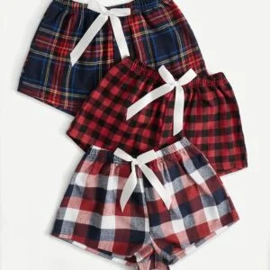 Women'S Comfortable Casual Shorts Set of Three, with Bow Belt Decoration, Creative Plaid Print, Loose Fit with Elastic Waistband, Perfect for Casual Attire, Machine Washable and Dry Cleanable