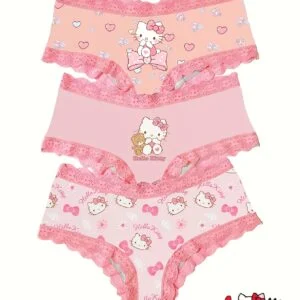 [Cute Hello Kitty] Sanrio 3pcs Cute Pink Lace Women's Underwear | Hello Kitty Love Cartoon Print Bowknot