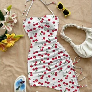 [Cherry Print Halter Dress] Women's Halter Neck Mini Dress - Cherry Print, Sleeveless, Asymmetrical Hem, White with Red Cherries, Spring & Summer, Beach, Casual
